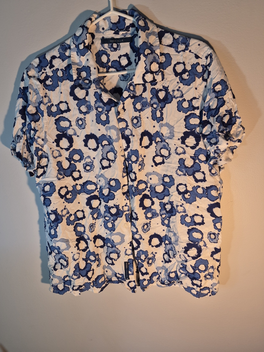 Perry Ellis White Button-Down Top with Blue Floral Print